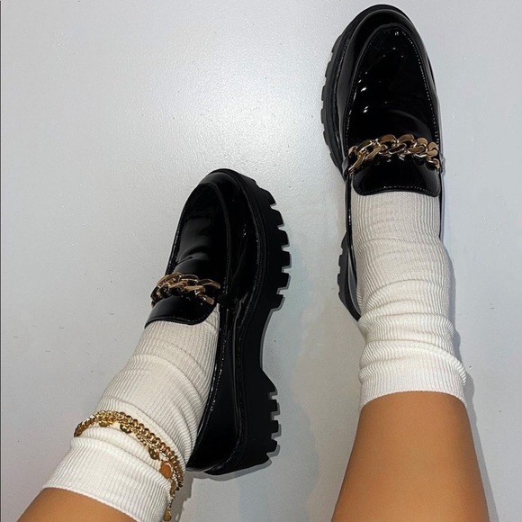 Black Patent Gold Chain Platform Penny Loafers - Picture 2 of 11